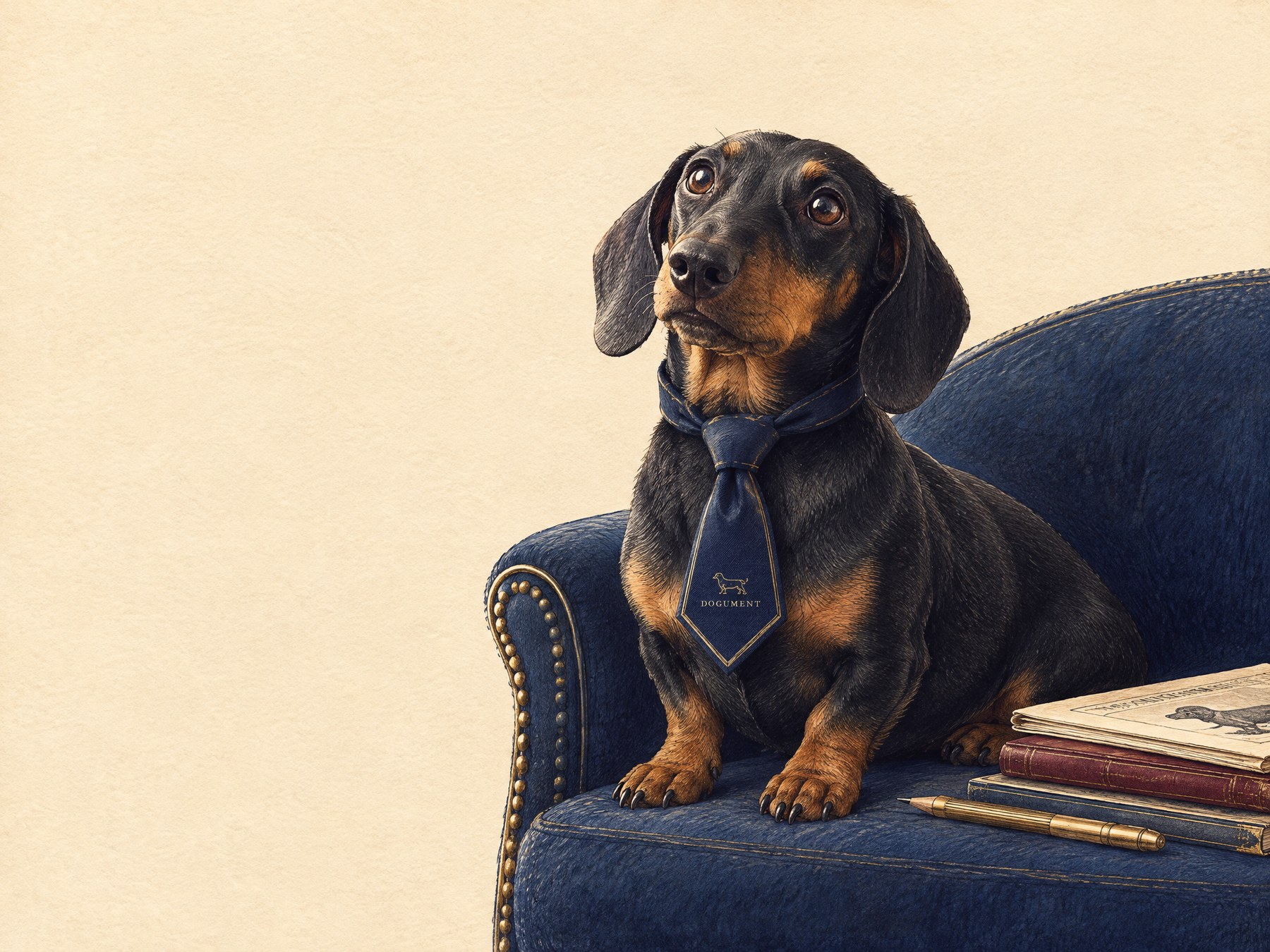 An original Dogument editorial cover illustration of Freddie seated on a navy chair beside neatly arranged papers